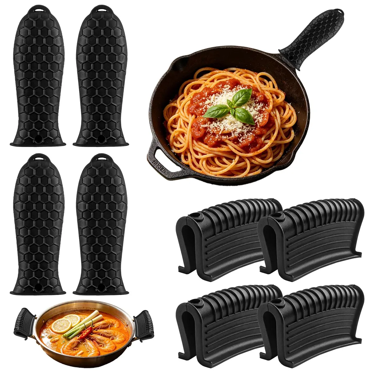 Eight black silicone handle covers and assist grips on a plain surface