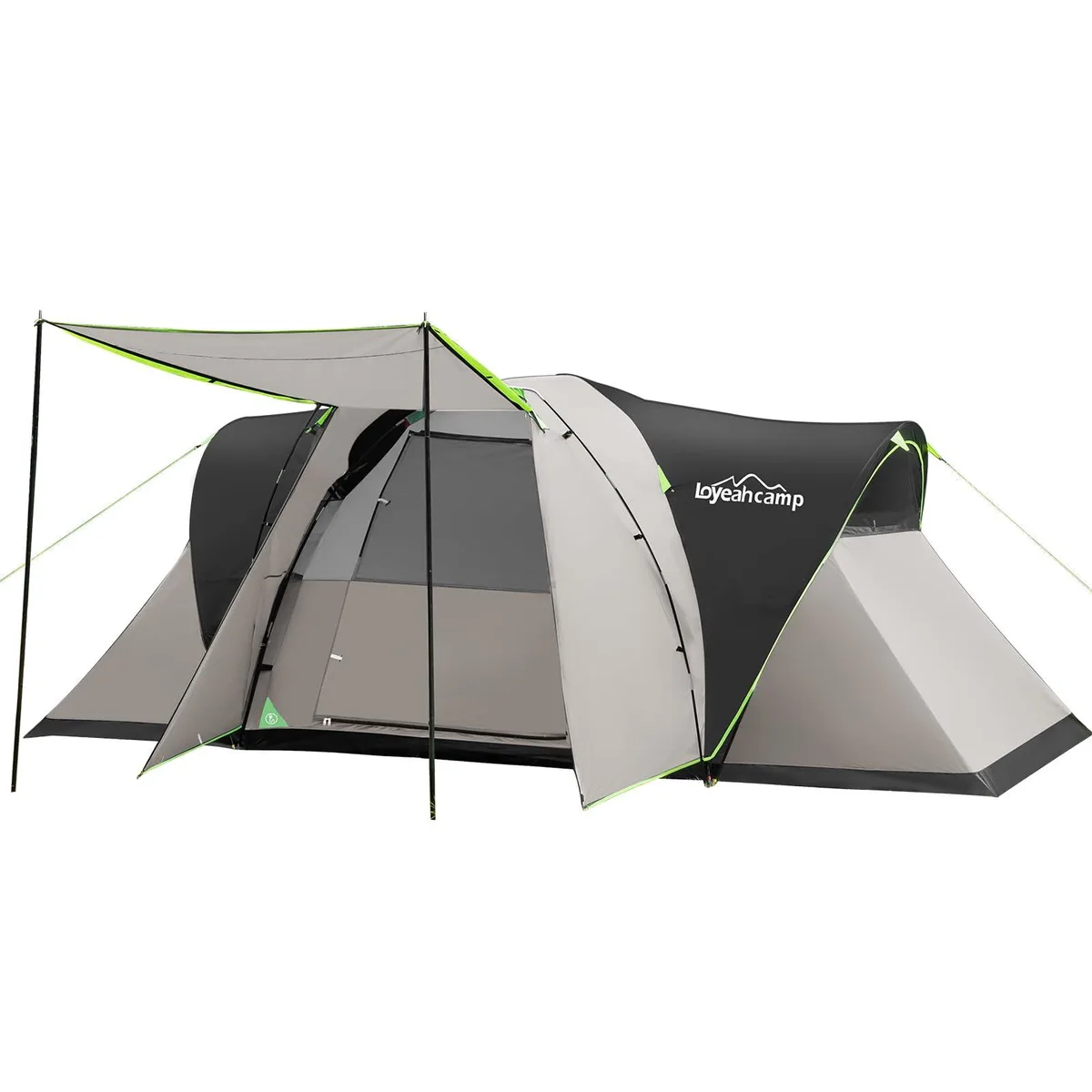 Gray dome tent with porch, fiberglass poles, mesh windows and roof, PU2000mm polyester fabric