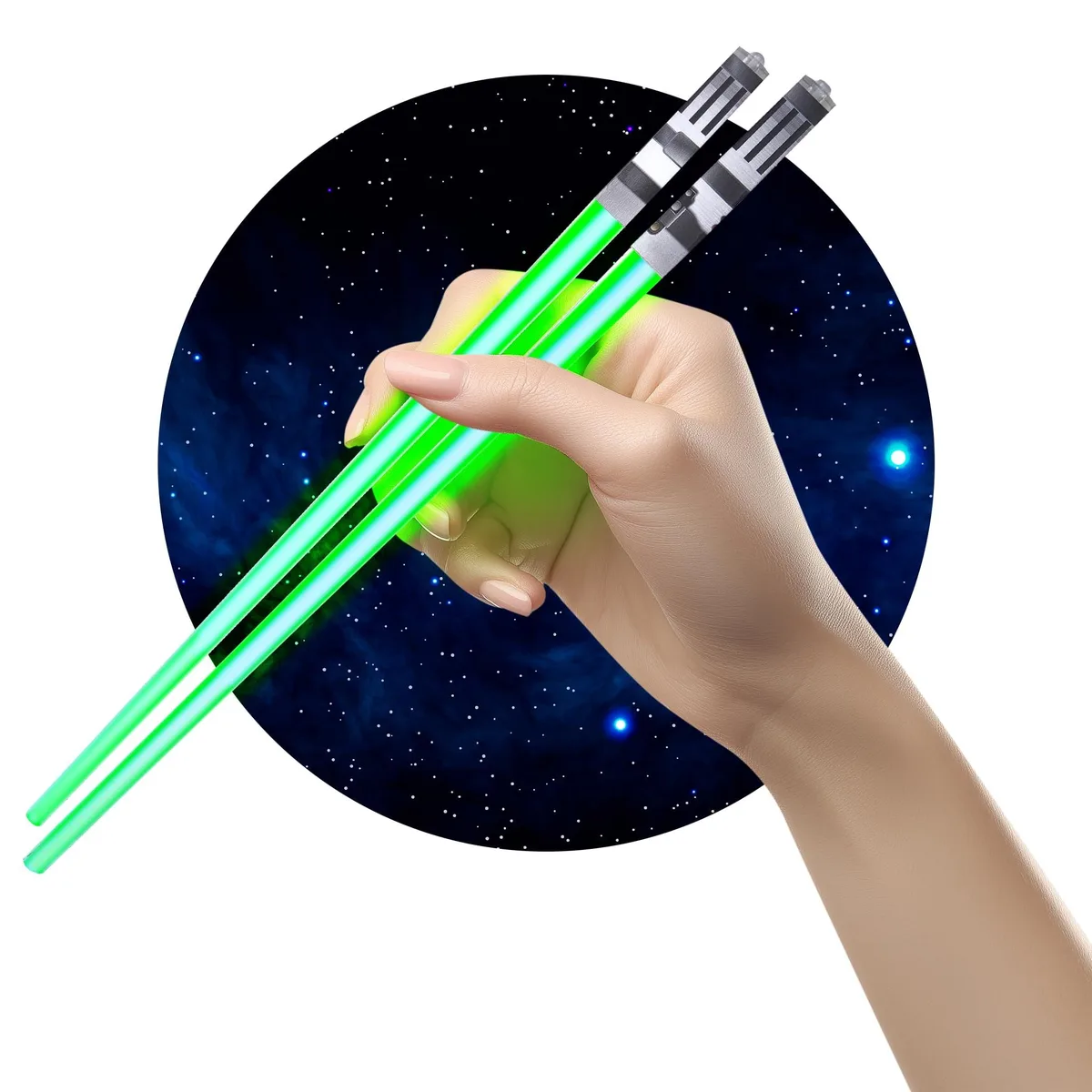 Twenty-four black plastic chopsticks with green LED light-up handles, nine inches long