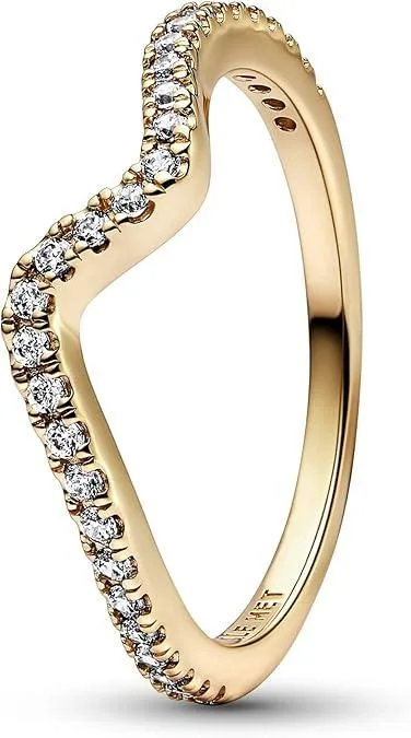 Gold-plated silver ring with curved wave design and row of clear cubic zirconia, size 52