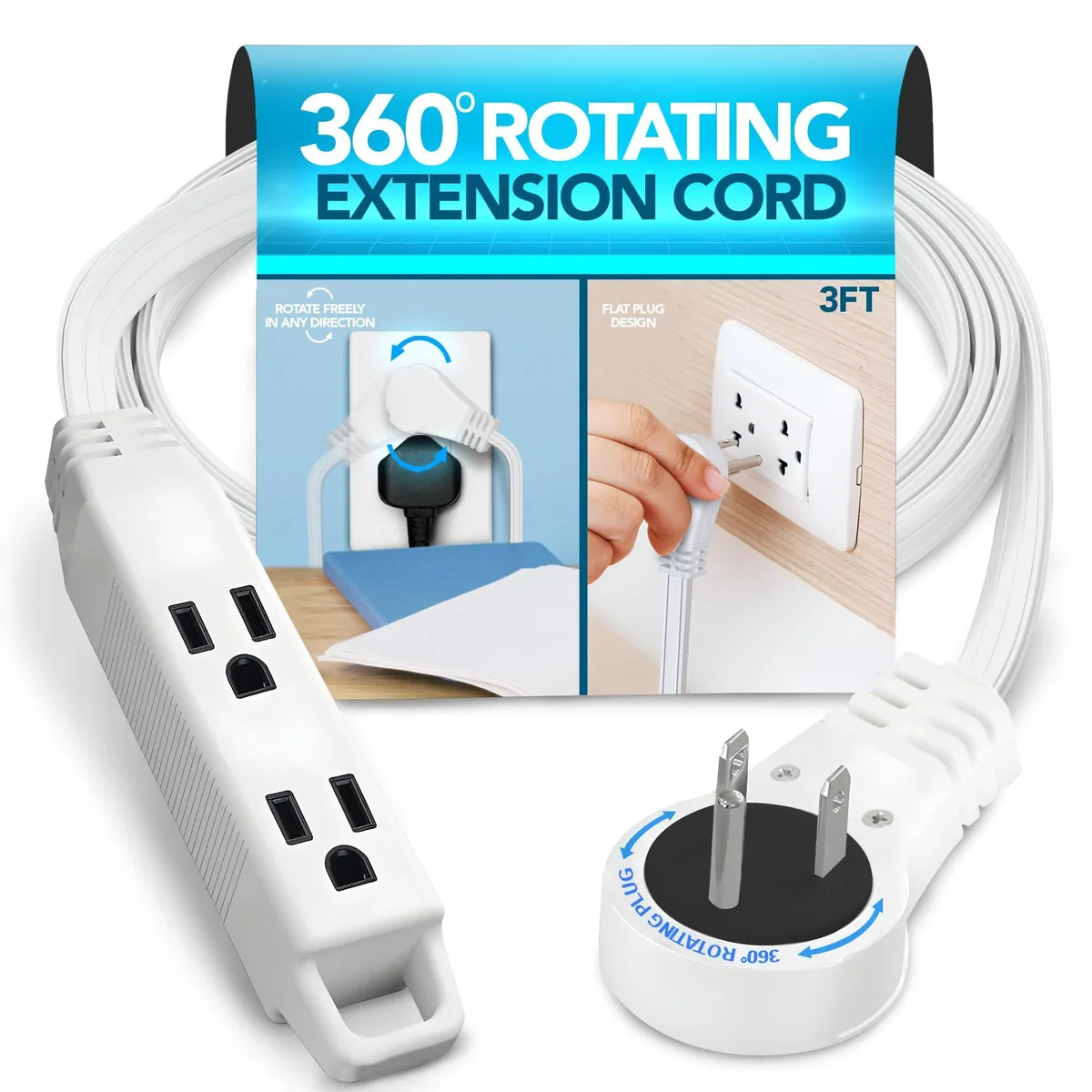  ELECTERY 3 ft 360° Rotating Flat Plug 16 AWG White Power Extension Cord — product photo