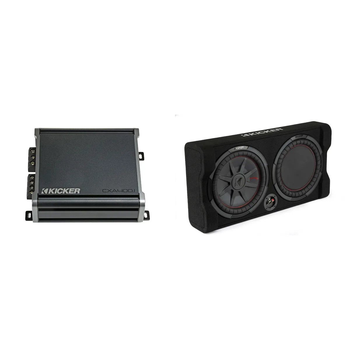 KICKER KICKER CompRT 12" Subwoofer Enclosure + 46CXA4001 Amp — product photo