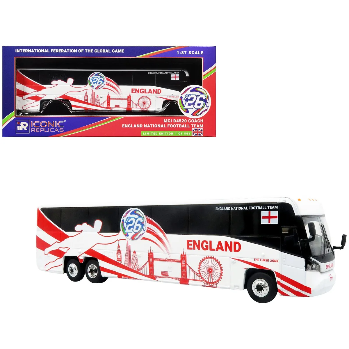 Iconic Replicas Iconic Replicas MCI D4520 Coach Bus "England National Football Team" 1/87 Diecast — product photo