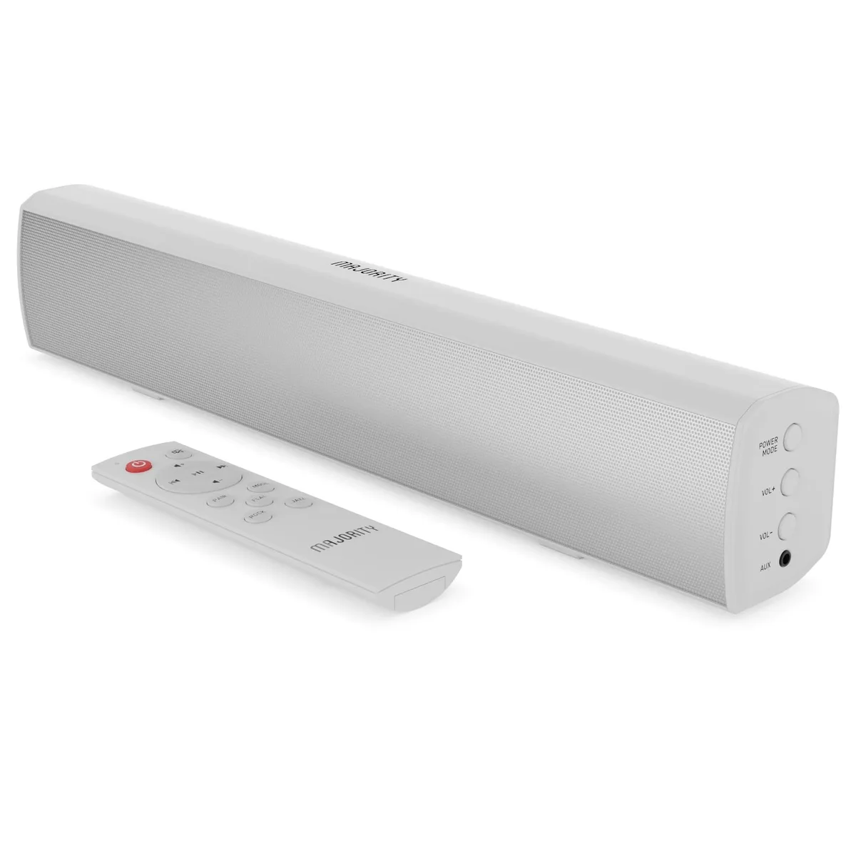 White rectangular soundbar with rounded edges, remote control beside it