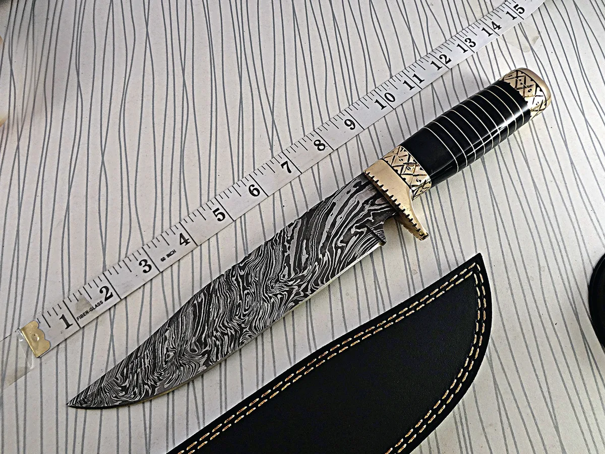 Damascus Depot Damascus Depot 13.5" Bowie Knife Bull Horn Brass Scale 8" Blade Leather Sheath — product photo