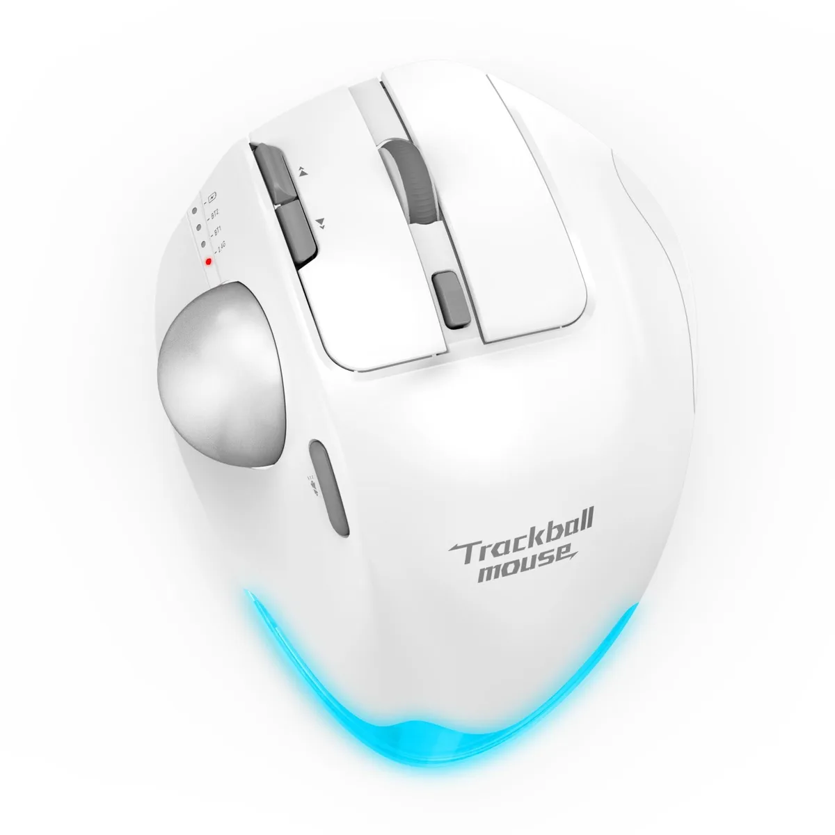 Silver ergonomic wireless trackball mouse with thumb control and eight buttons
