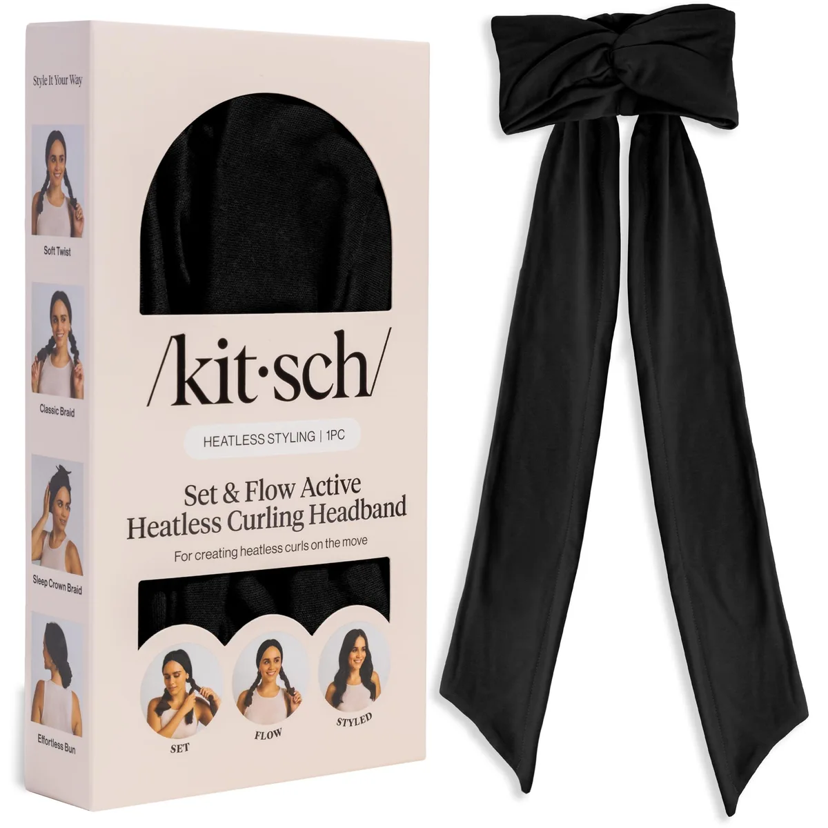 Black fabric heatless curling headband, soft stretchy wrap design