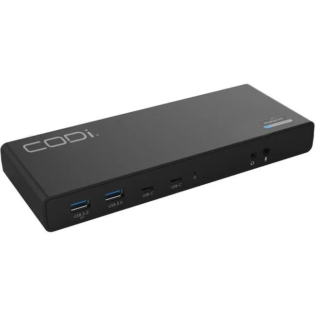 Compact rectangular docking station in dark matte finish with multiple ports on front and back