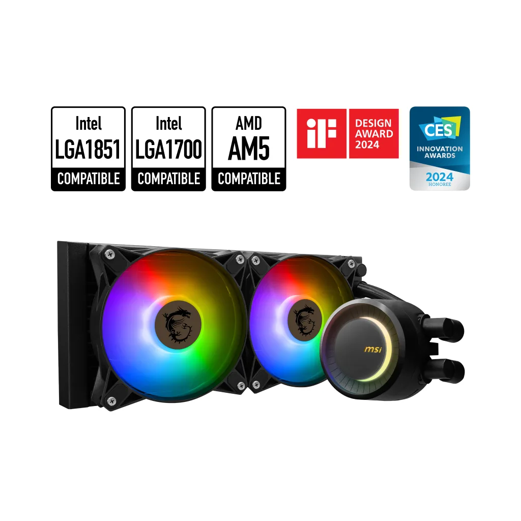 MSI MSI MAG CORELIQUID E240 liquid cooler 240mm radiator dual 120mm ARGB fans — product photo