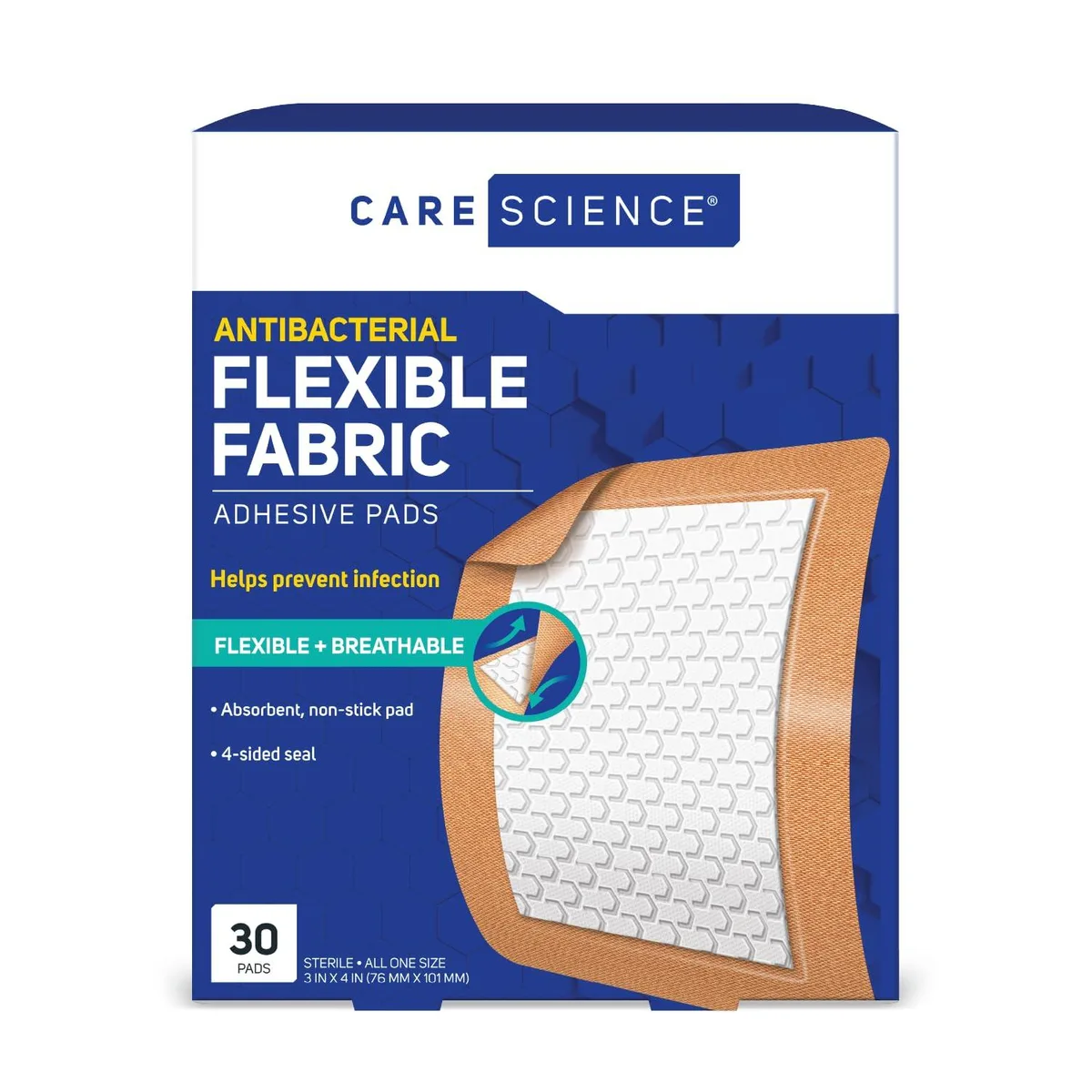 Box of thirty sterile fabric adhesive bandages, 3x4 inch size, new condition