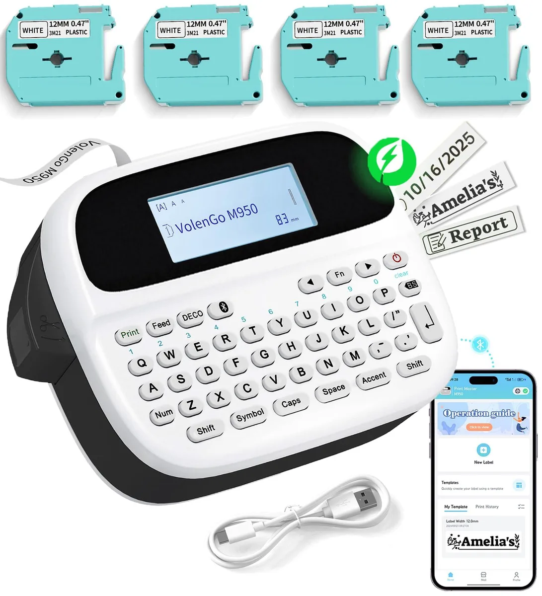 Compact black handheld label printer with backlit QWERTY keyboard and USB-C port
