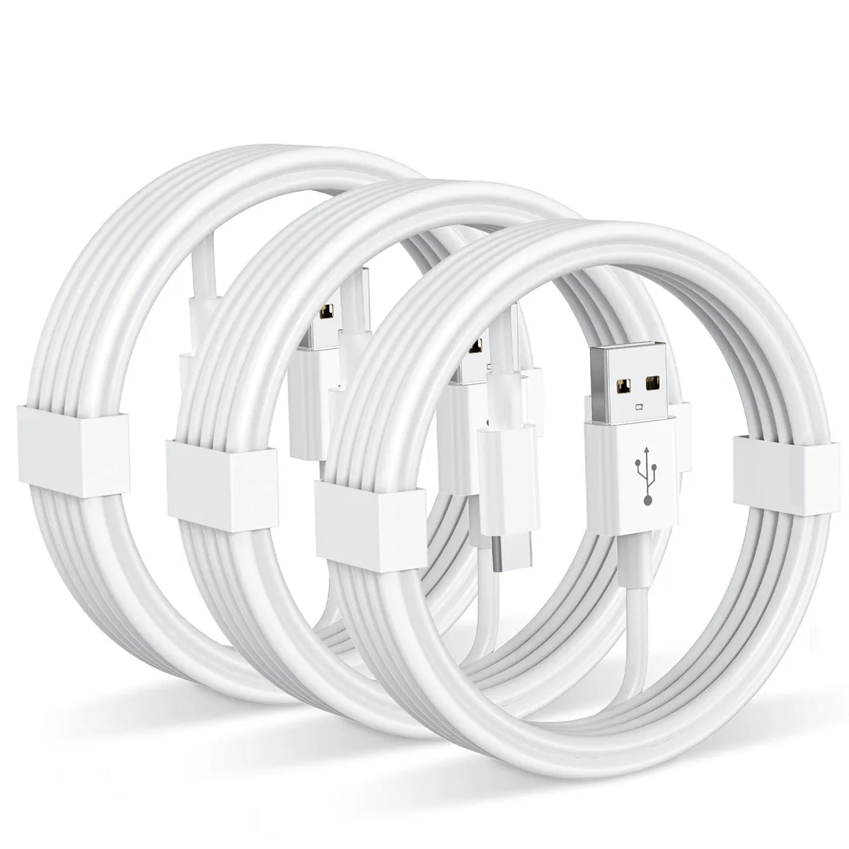 Three white USB-A to USB-C cables coiled together