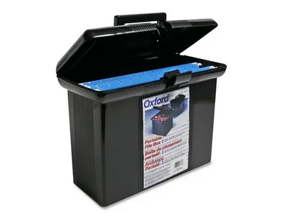 A portable file box with flip-up handle and secure latch, includes three hanging folders
