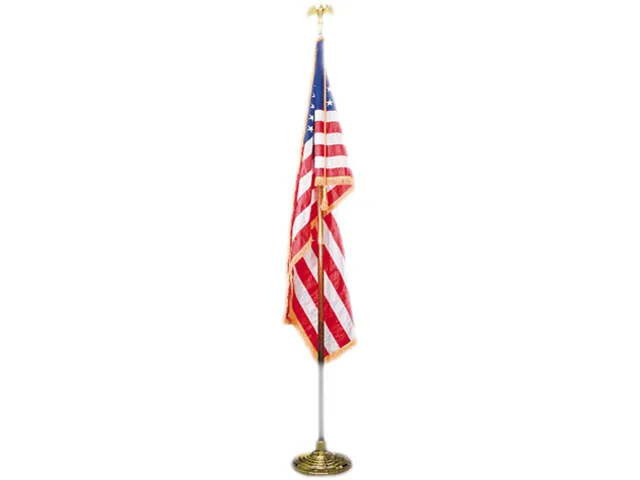 Indoor U.S. flag with gold fringe on oak staff with eagle topper