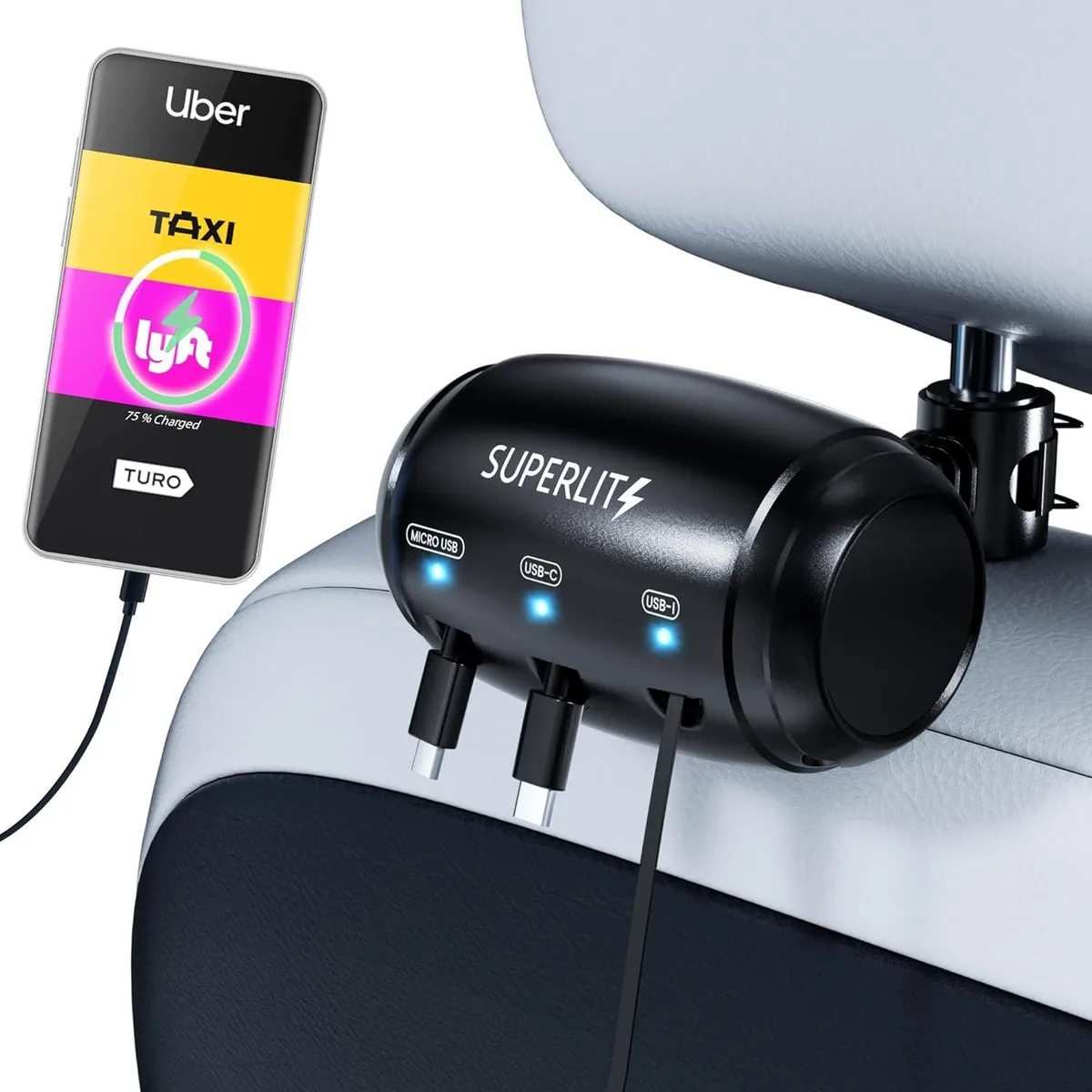 Leelbox Leelbox Superlit 3-in-1 Retractable Backseat Car Charger Headrest Mount — product photo