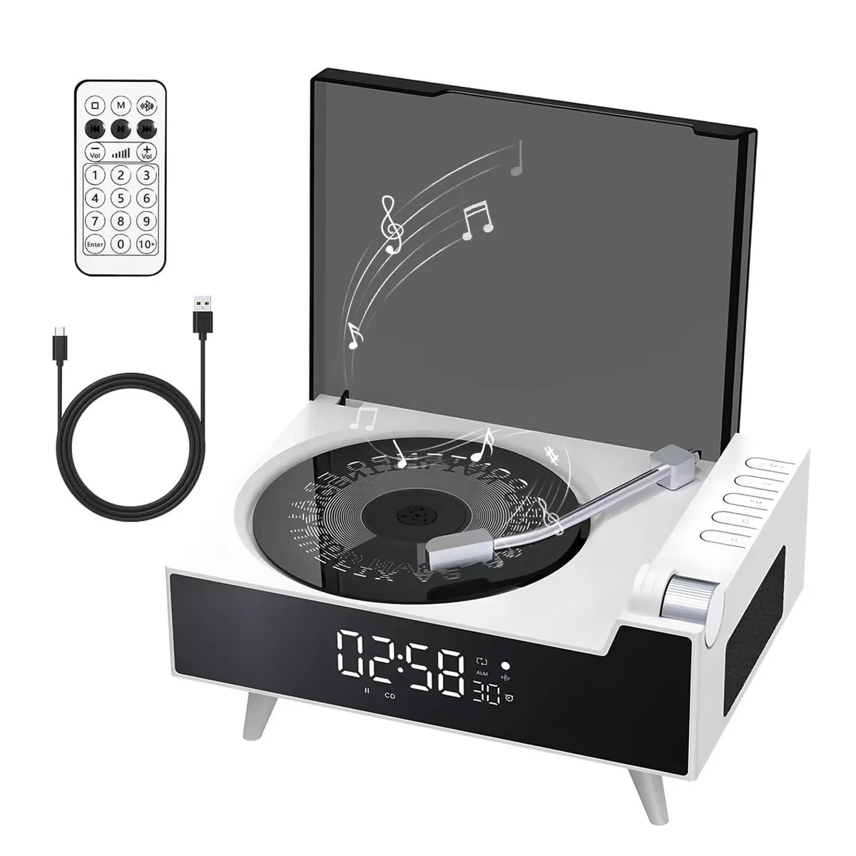  White CD Player with Dual Speakers, Bluetooth, FM Radio, Timer, USB/AUX, 3.5mm Jack — product photo
