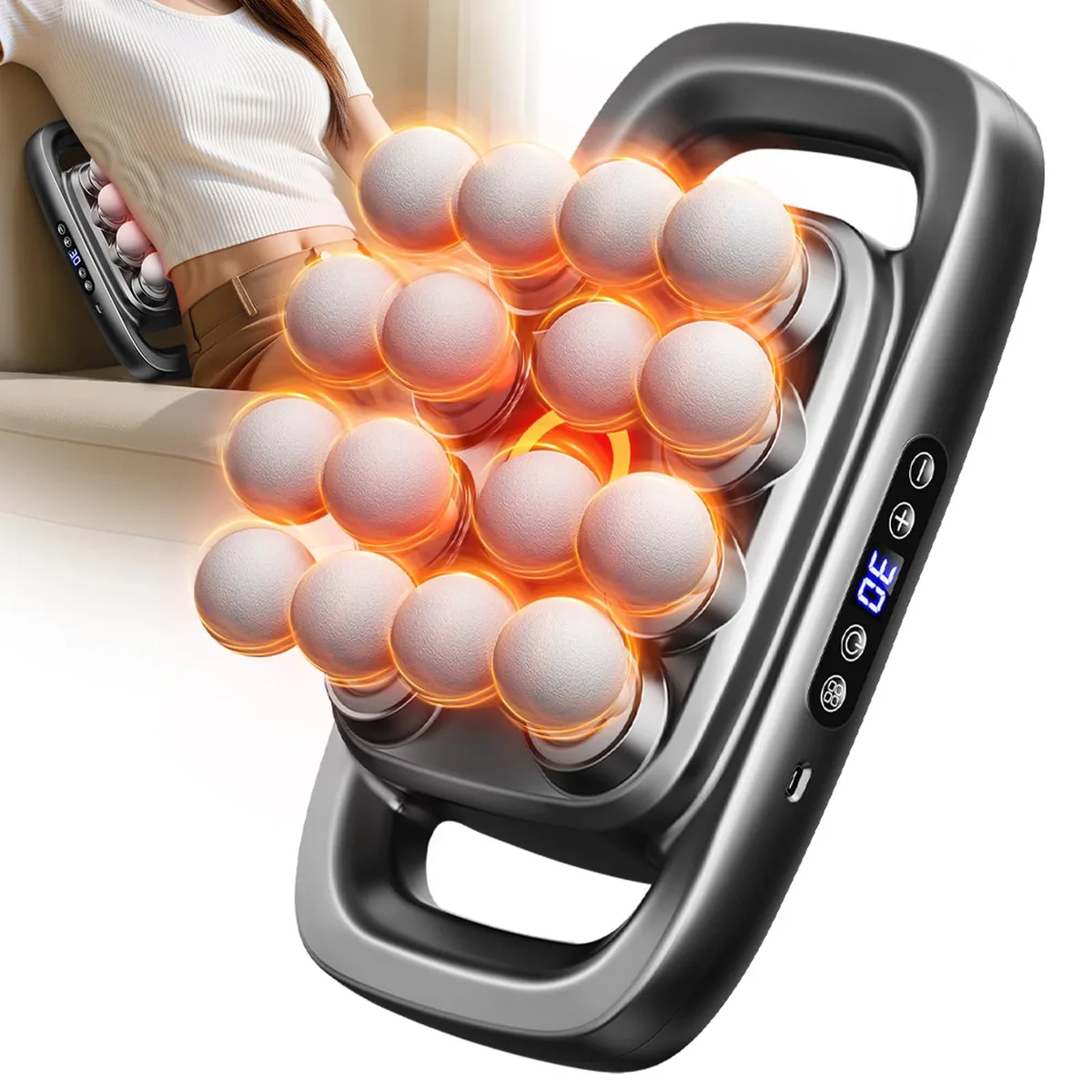 Gray percussion massage gun with sixteen interchangeable heads, pistol grip form factor, matte finish