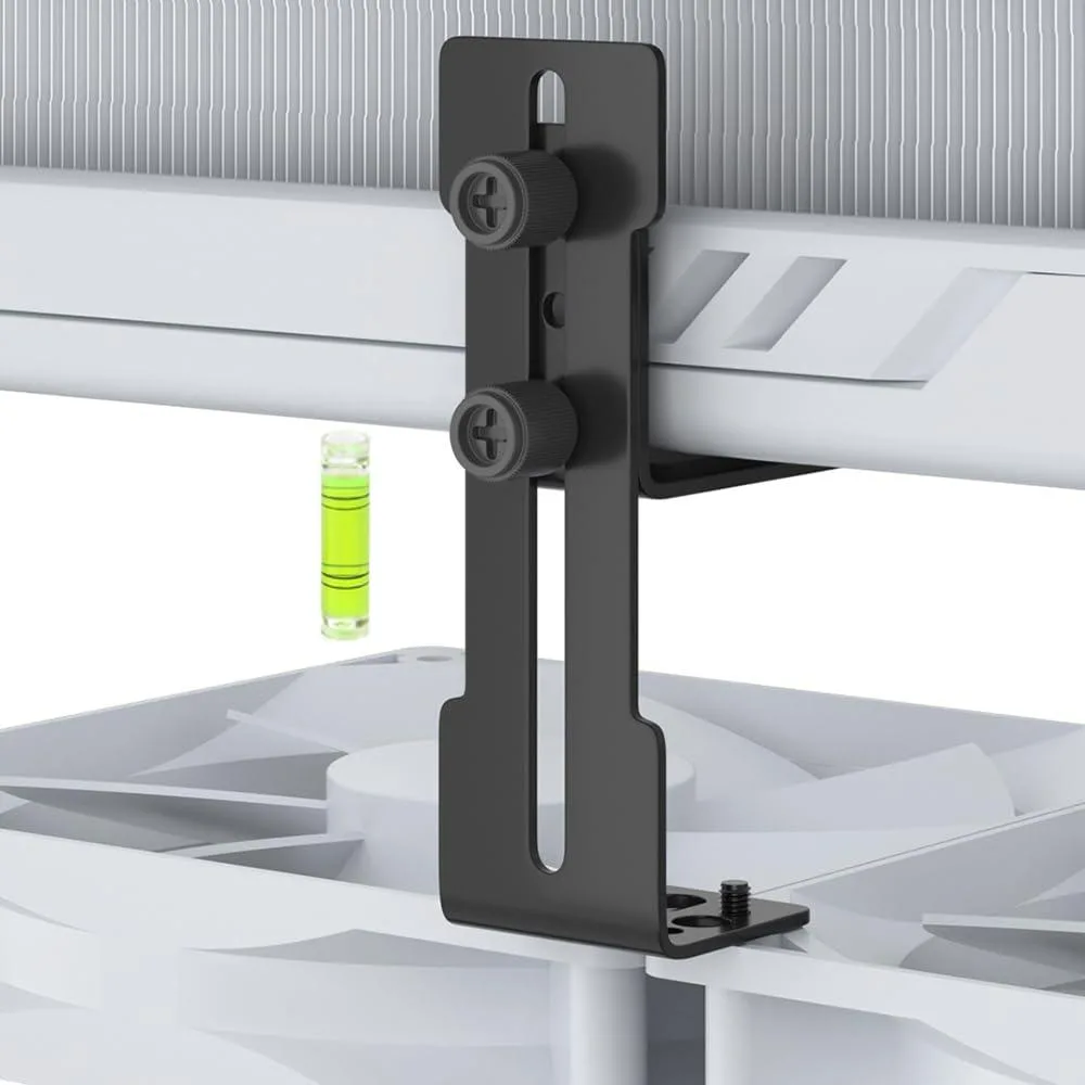 Black metal GPU support bracket with adjustable threaded column and magnetic base, shown with mounting screws and bubble level