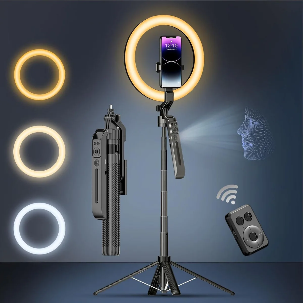 BFKK BFKK Auto Face Tracking Selfie Stick Tripod 10" Ring Light 71" 360 Rotation — product photo