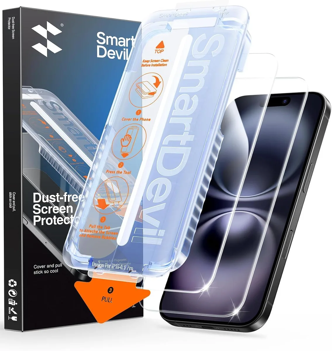 Two clear tempered glass screen protectors with alignment frame for iPhone 15 Plus and 16 Plus