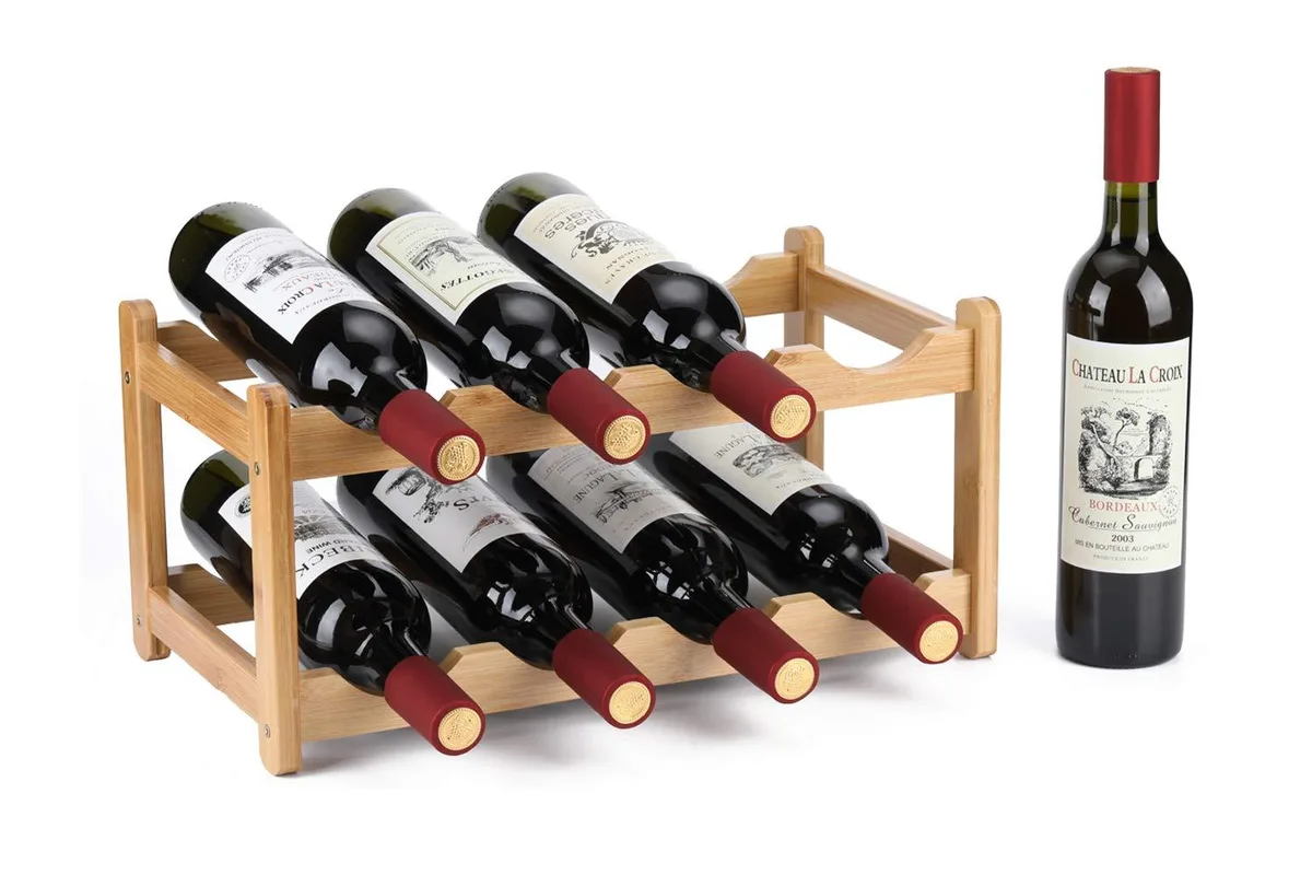 Two-tier bamboo wine rack, natural finish, holds eight bottles