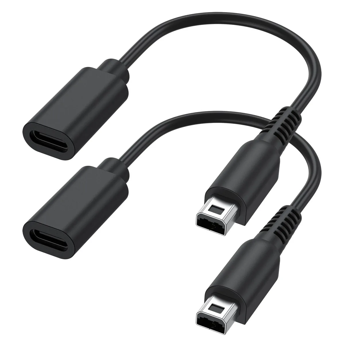 Two small USB-C male to female adapters, matte black finish