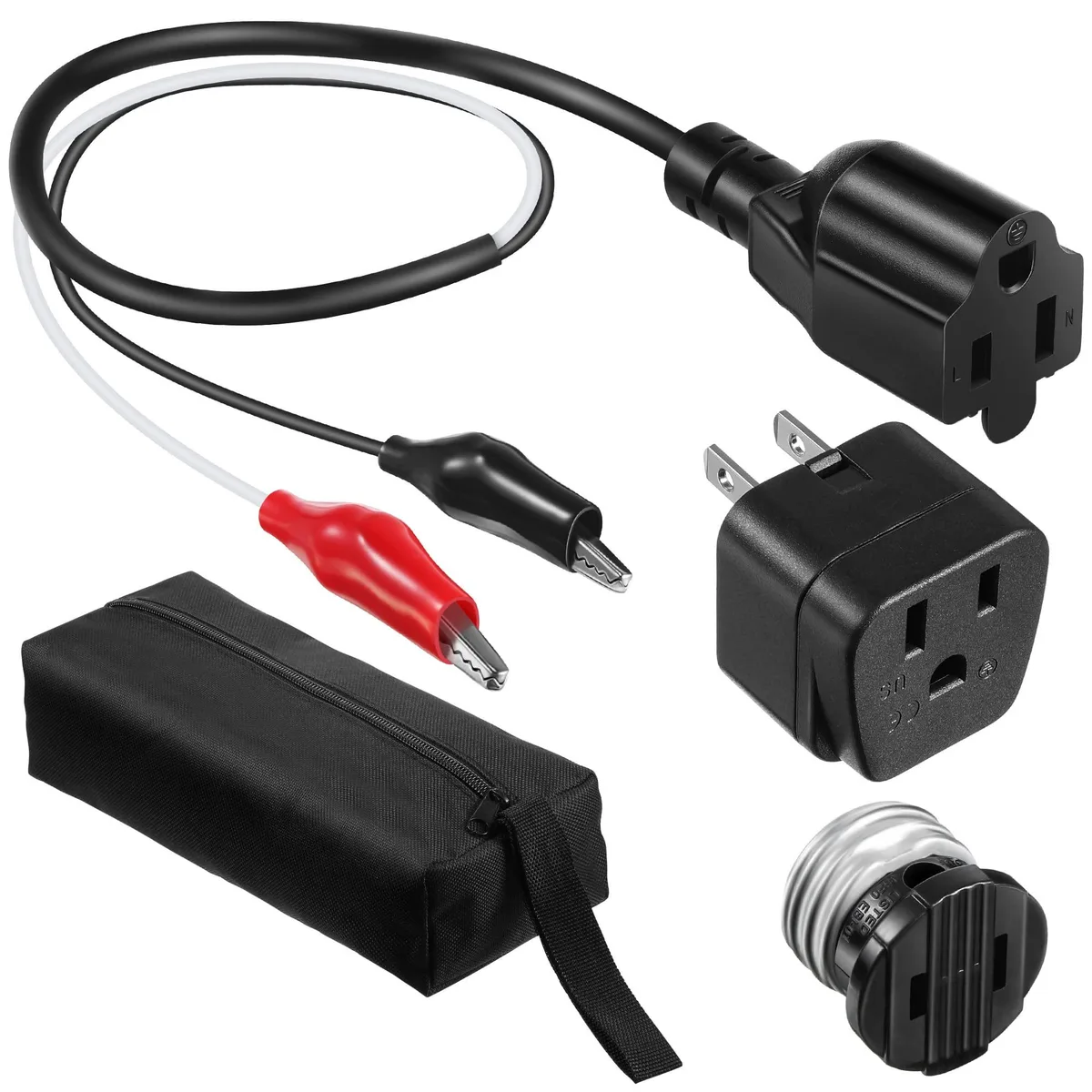 Black nylon zipper case with clip adapter, light socket adapter and grounding adapter