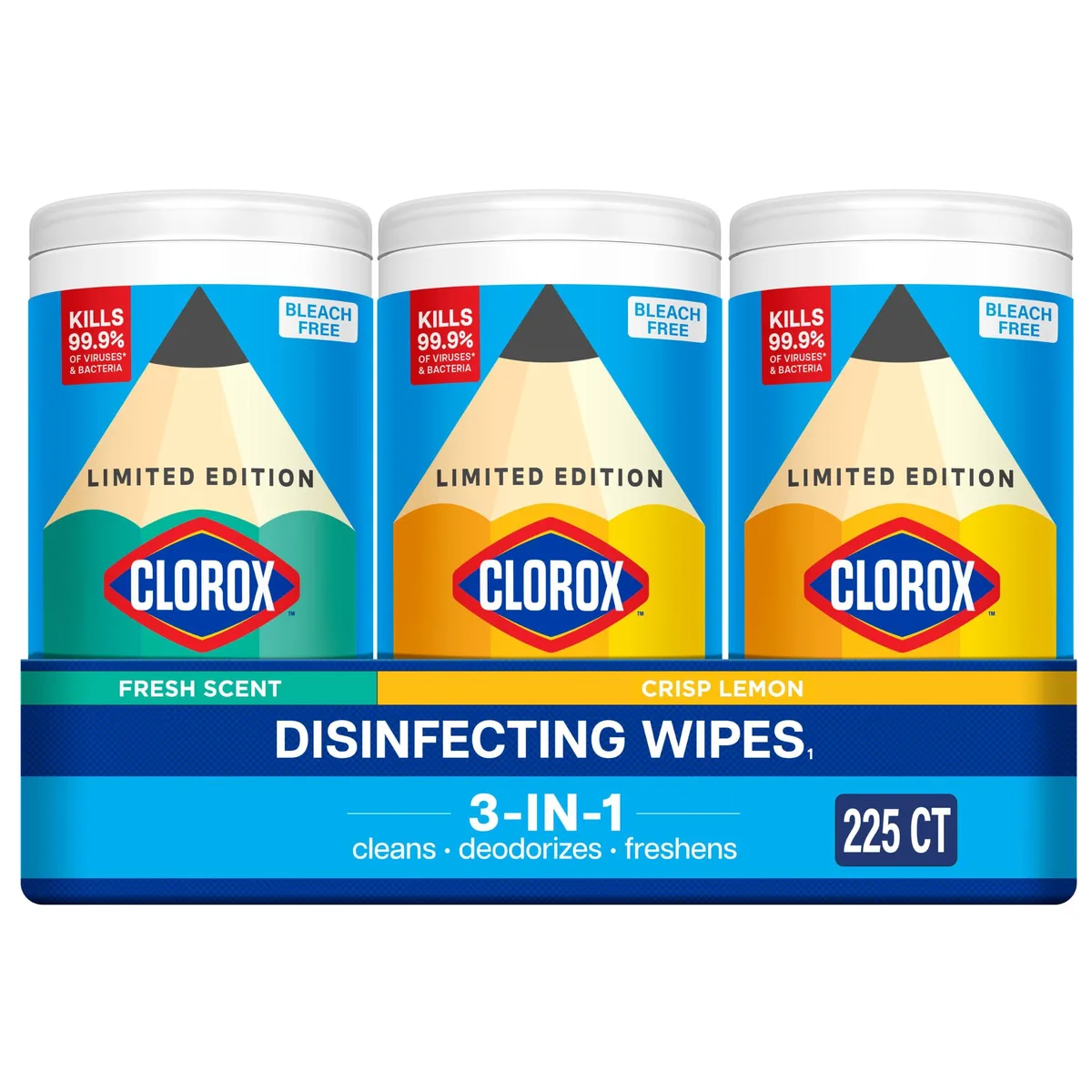 Three white packs of 75-count disinfecting wipes