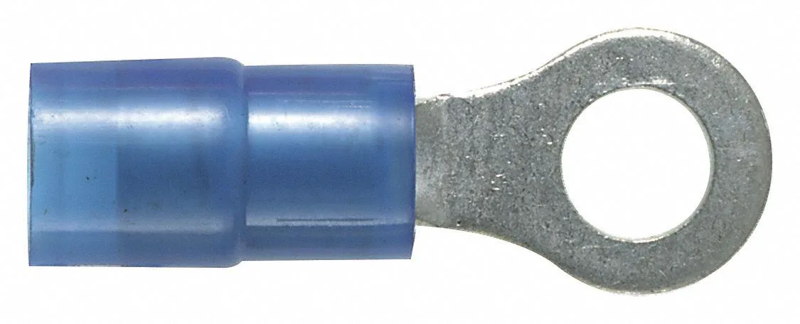 Blue nylon ring terminal with tin-plated copper barrel for 18-14 AWG wire #10 stud size