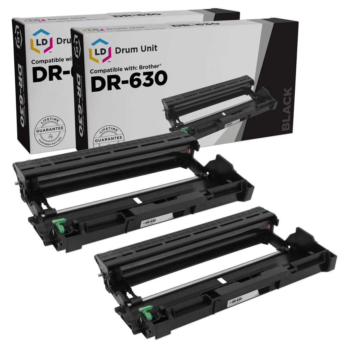 Two black drum unit cartridges in sealed packaging