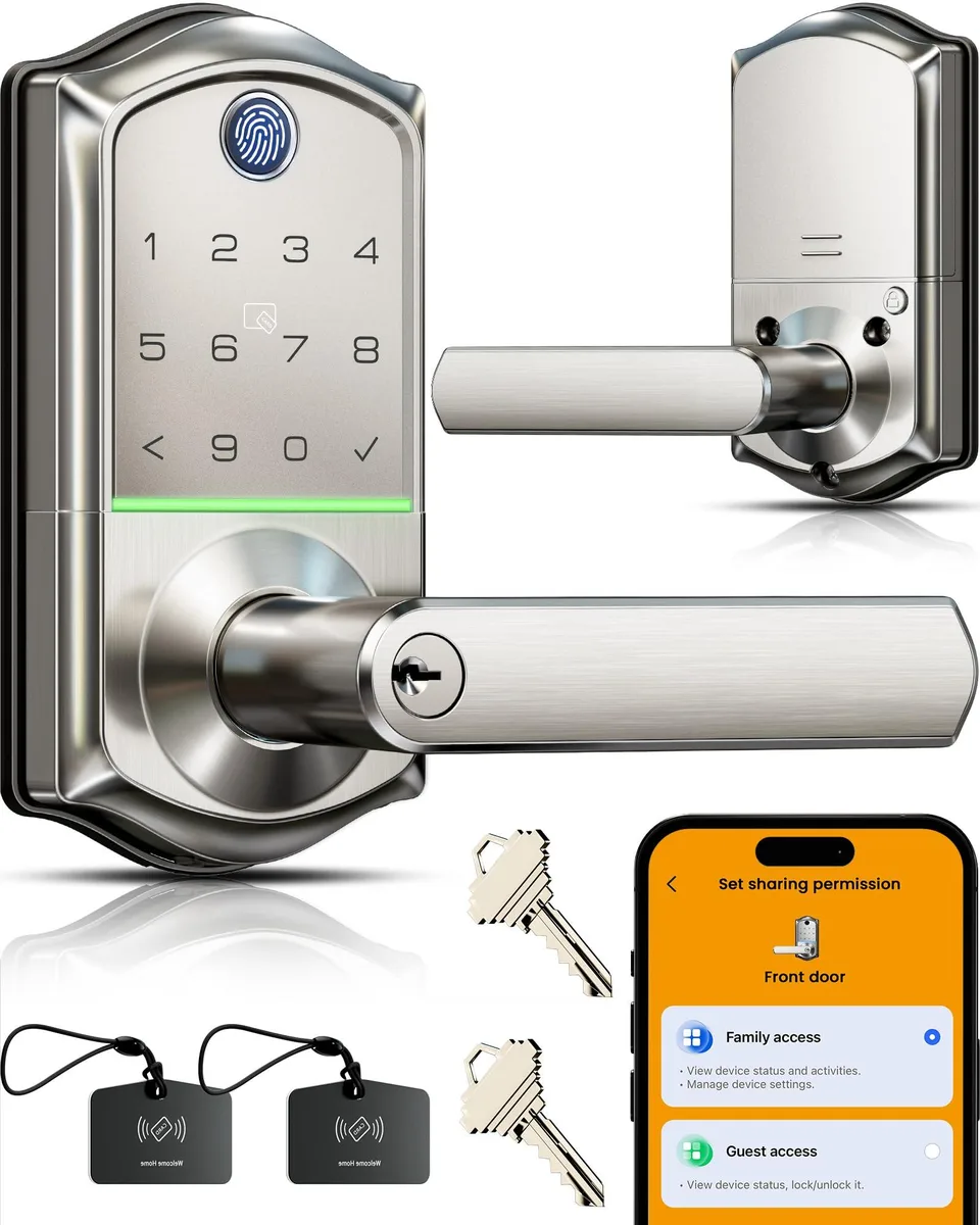 Black smart lever lock with fingerprint sensor and touchscreen keypad, satin nickel finish, rectangular form factor