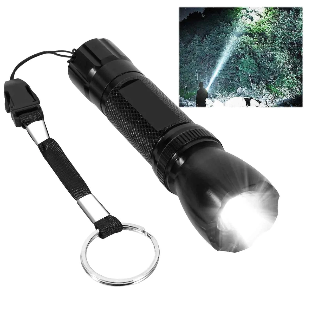 Small black aluminium tactical flashlight, pen-sized, with clip and key ring