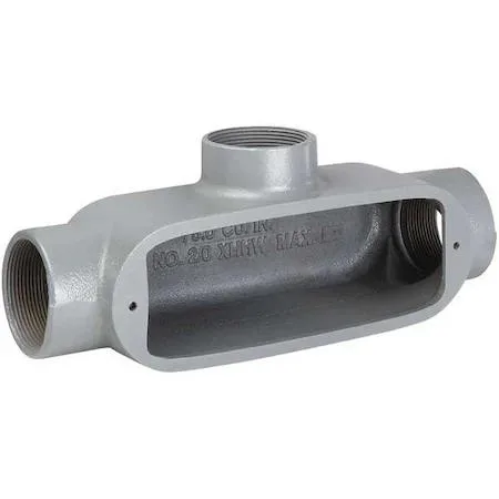 Gray powder-coated aluminum T-style conduit outlet body with threaded hubs