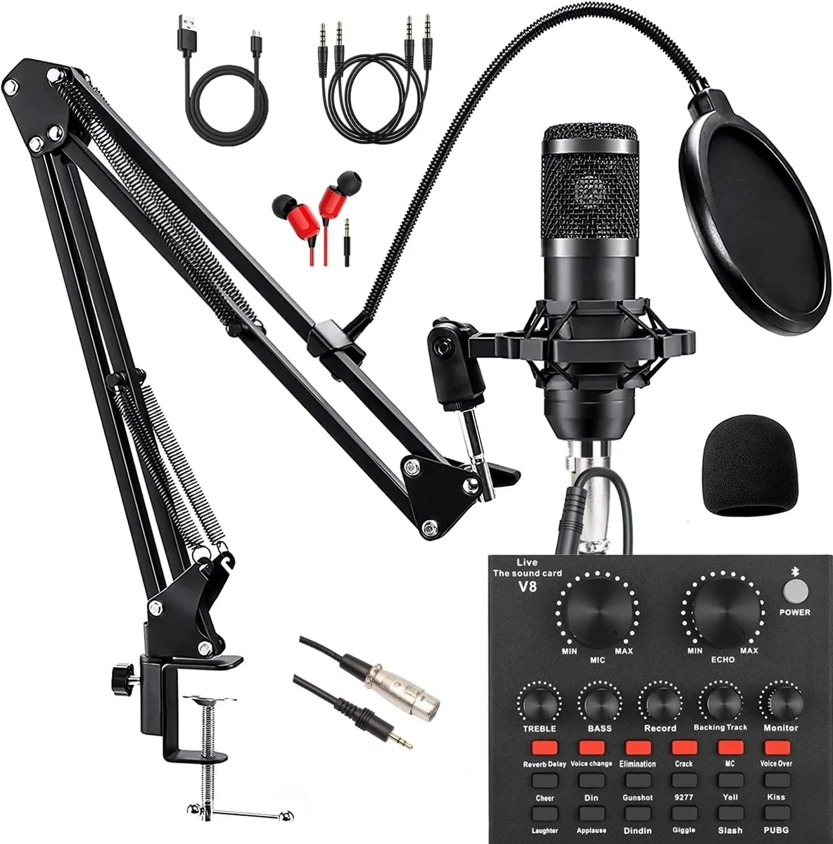  SKTEET BM800 Podcast Bundle V8-Black Sound Card 12 Effects 4 Voice Changer 78dB SNR 3.5mm Jack — product photo