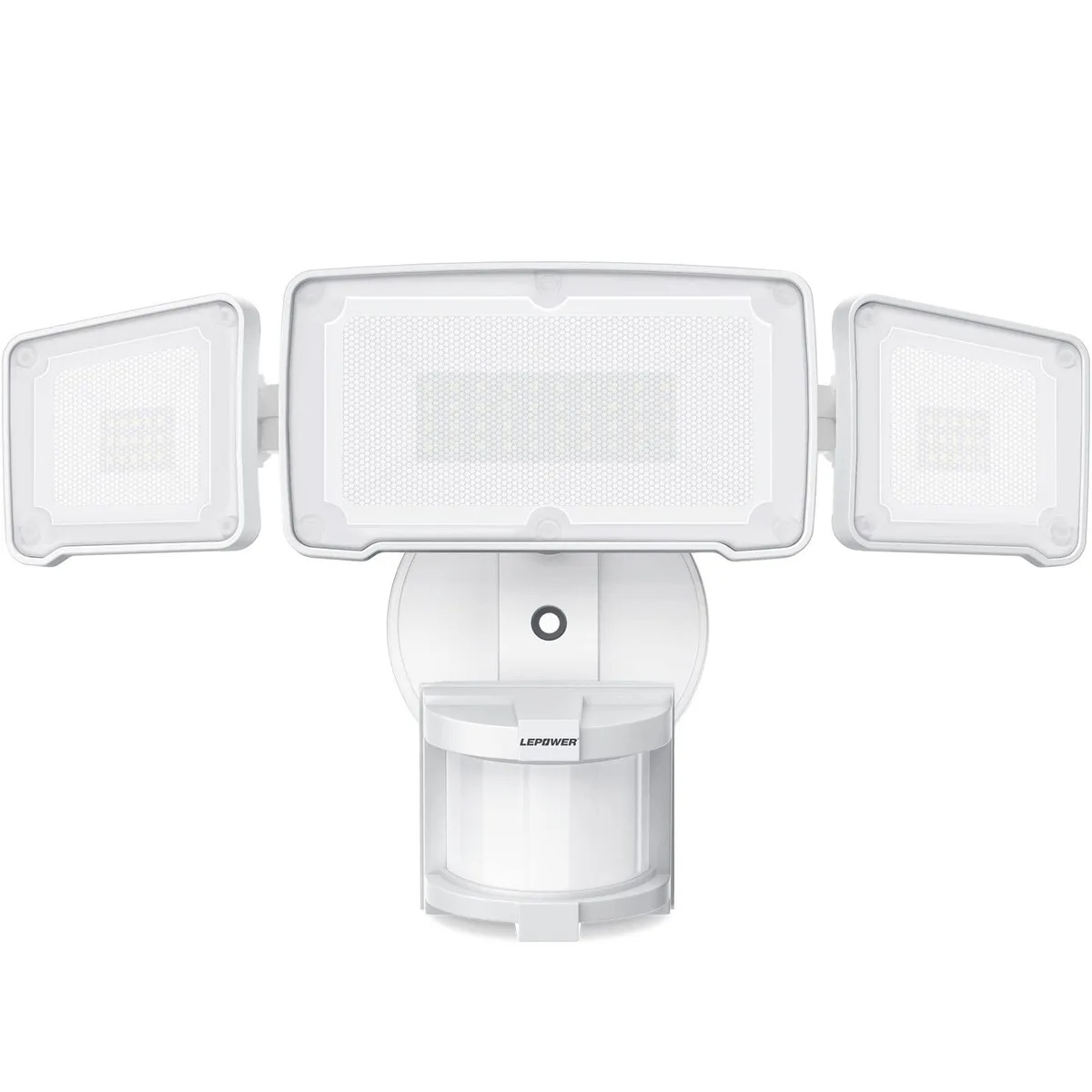 White three-head LED flood light with adjustable heads and motion sensor, rectangular aluminium housing, 14 by 10 by 5 inches
