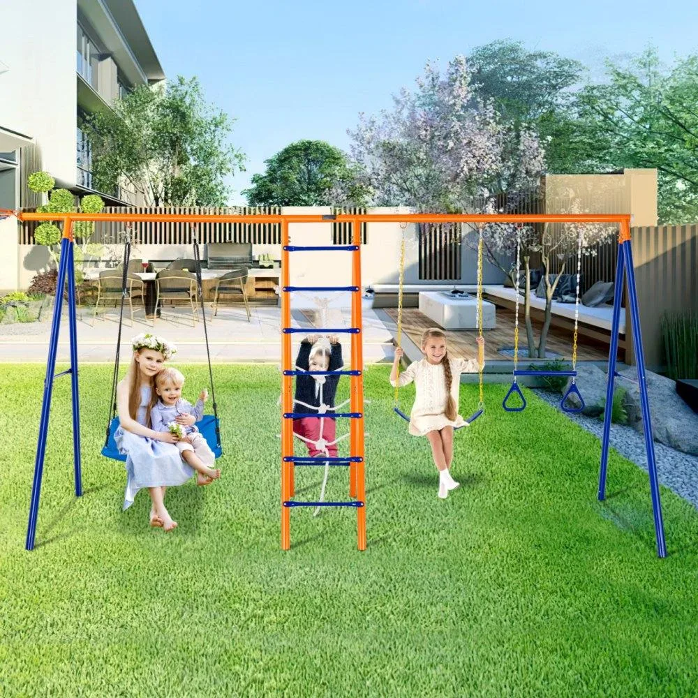 A-frame steel swing set with two belt swings, trapeze bar, climbing ladder, net and basketball hoop, yellow chains, black fabric rope