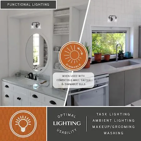 Two-light vanity fixture, matte black steel frame, clear blown glass shades, reversible mounting
