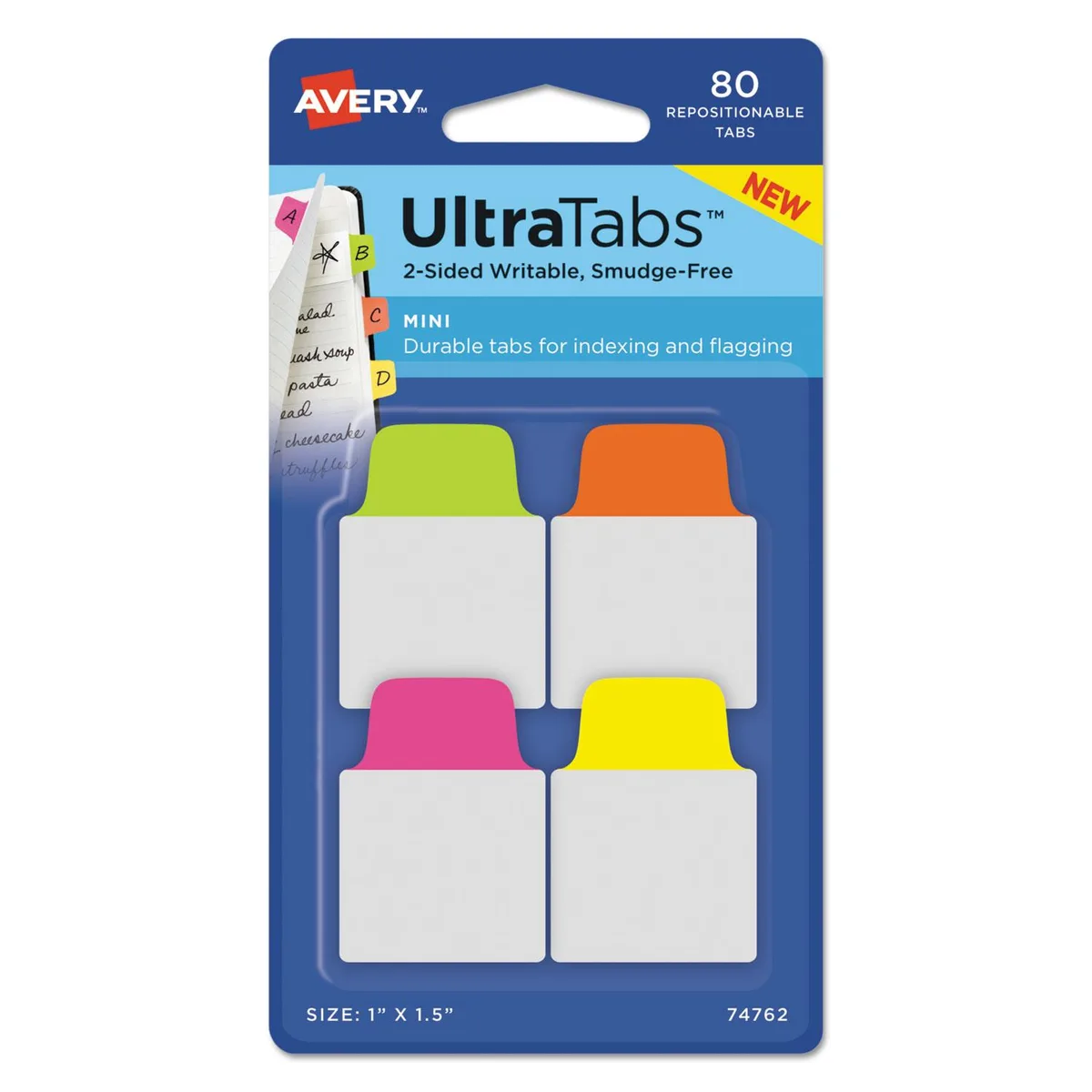 Avery Avery 74762 Ultra Tabs Repositionable Flags 1 x 1.5 Neon 80 Pack — product photo