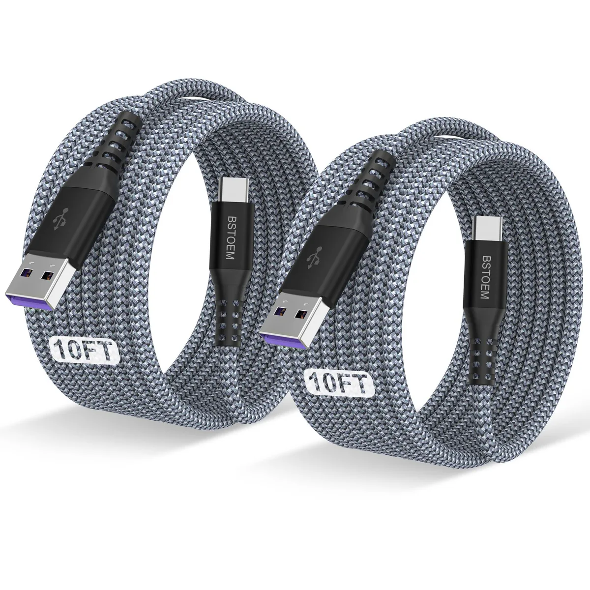 Two grey braided USB-A to USB-C cables, each ten feet long, coiled together