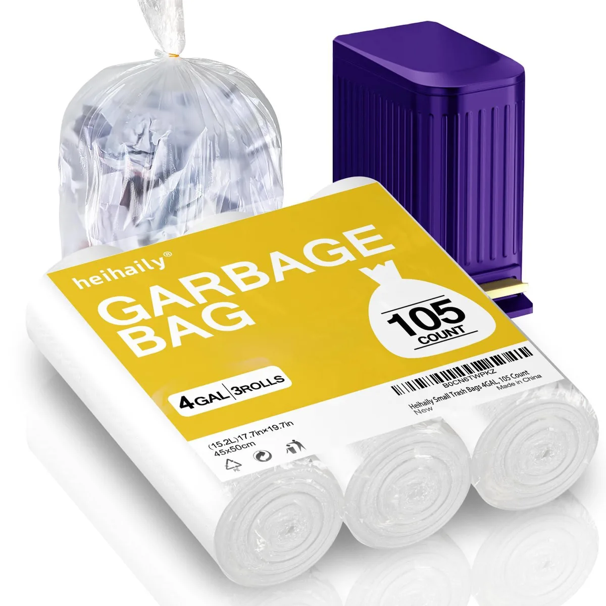  heihaily 4 Gallon Trash Bags Clear 105 Count 15.14164L — product photo
