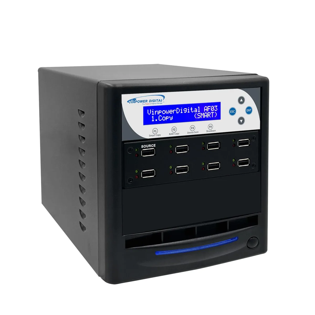 Black standalone USB duplicator with seven target ports and one source port