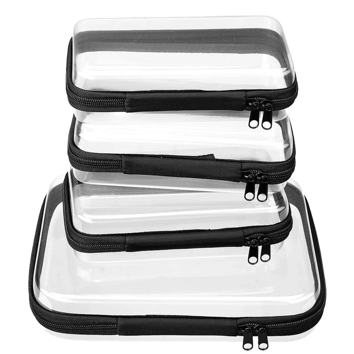 Set of one medium and three small clear hard-shell zipper cases with black trim
