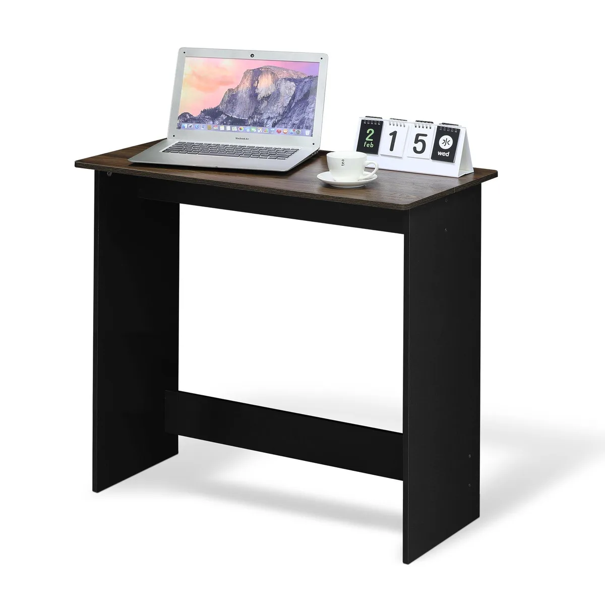 Light walnut rectangular study table with black metal frame and open leg space