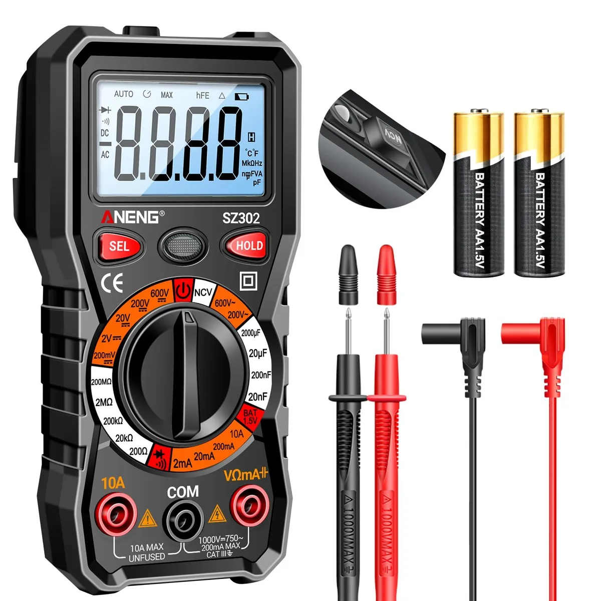 ANENG SZ302 digital multimeter with yellow rubber case and backlit LCD display