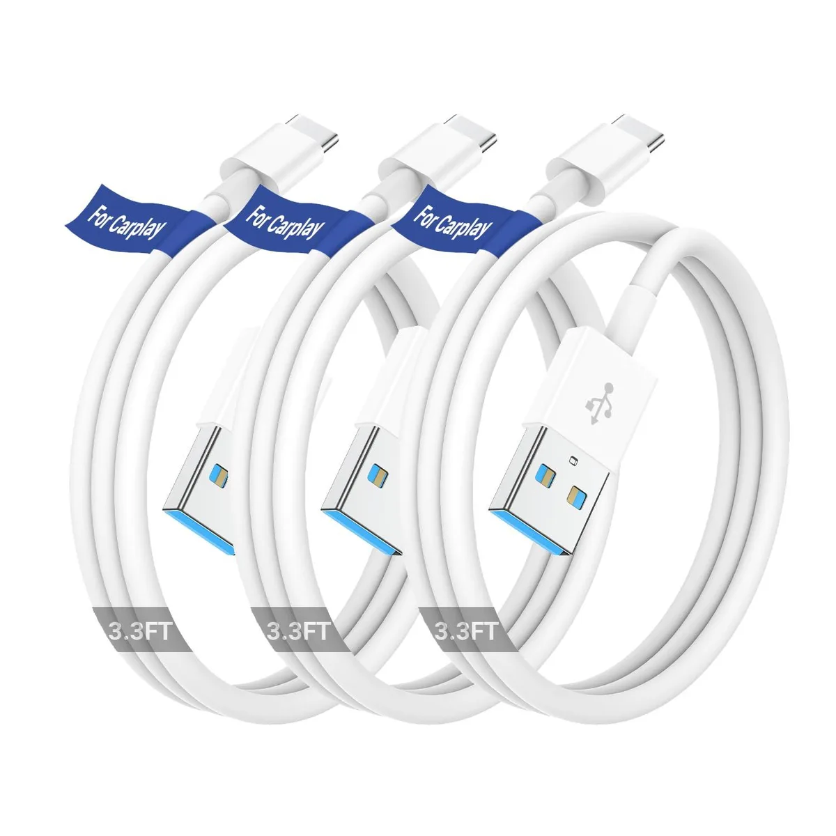 Three white USB-A to USB-C cables coiled together
