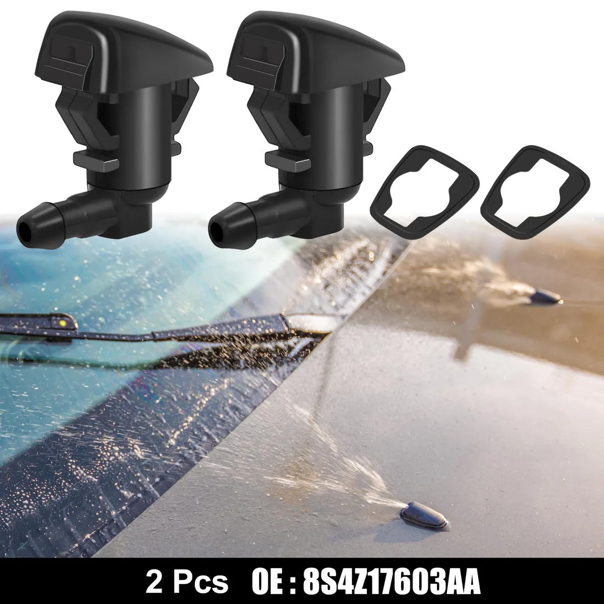 Two small black plastic windshield washer nozzles with gaskets