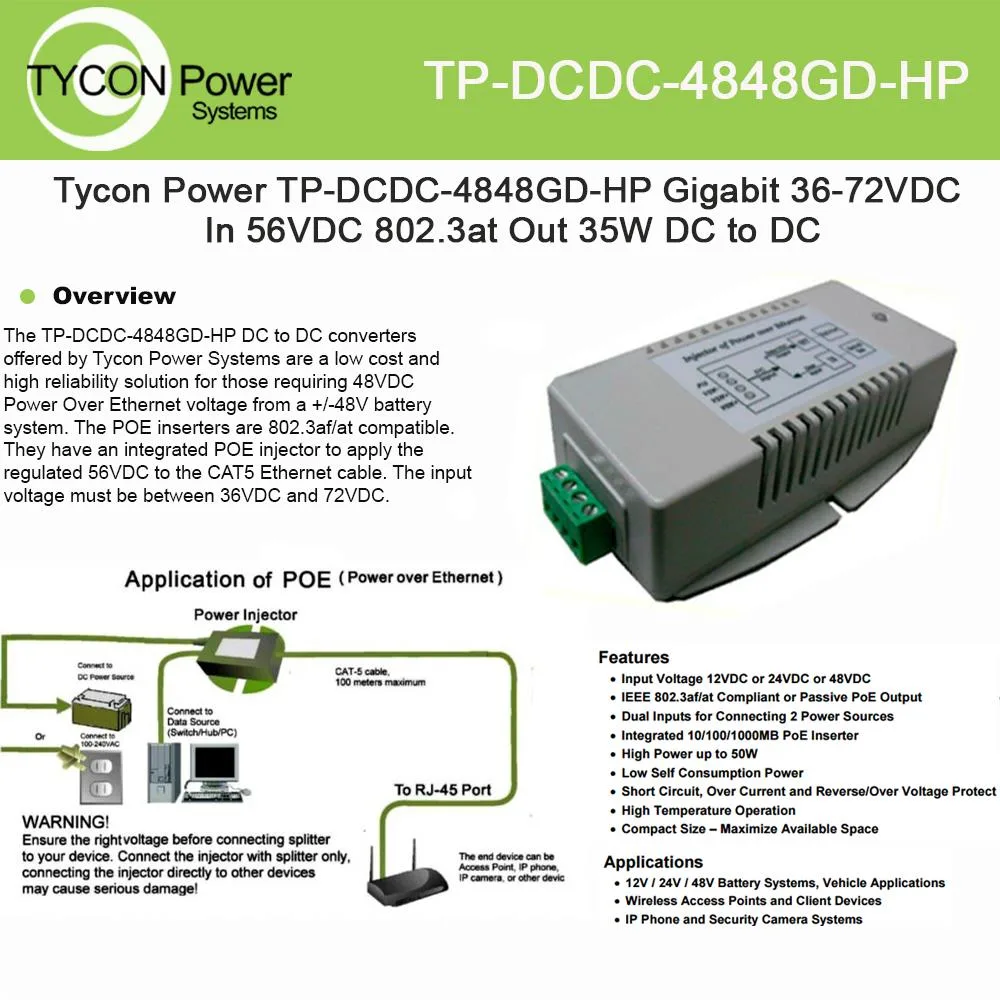 Tycon Power Tycon Power TP-DCDC-4848GD-HP 36-72VDC to 56VDC 35W Gigabit surveillance accessory — product photo