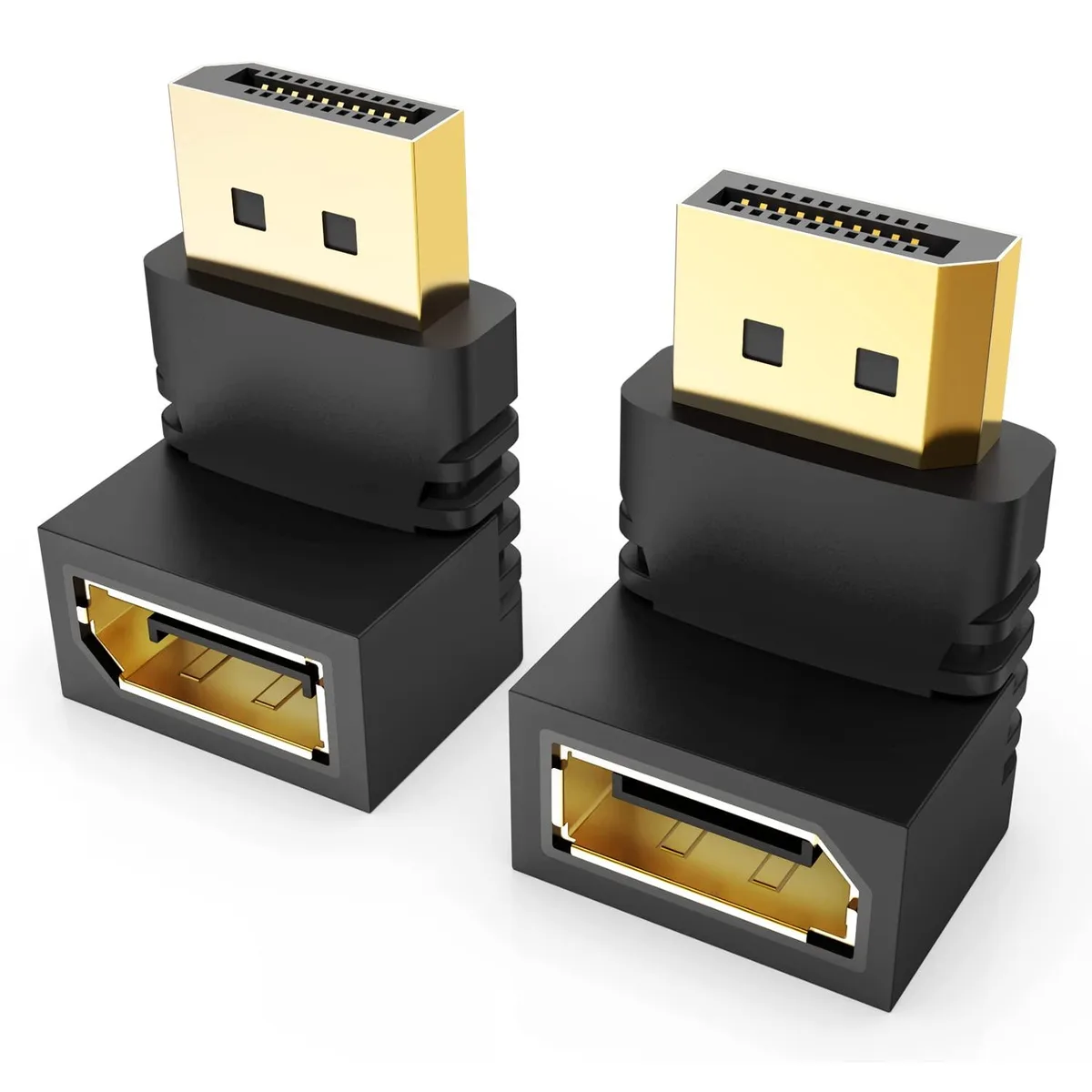 Two black DisplayPort adapters, 90° and 270°, short PVC bodies, gold contacts