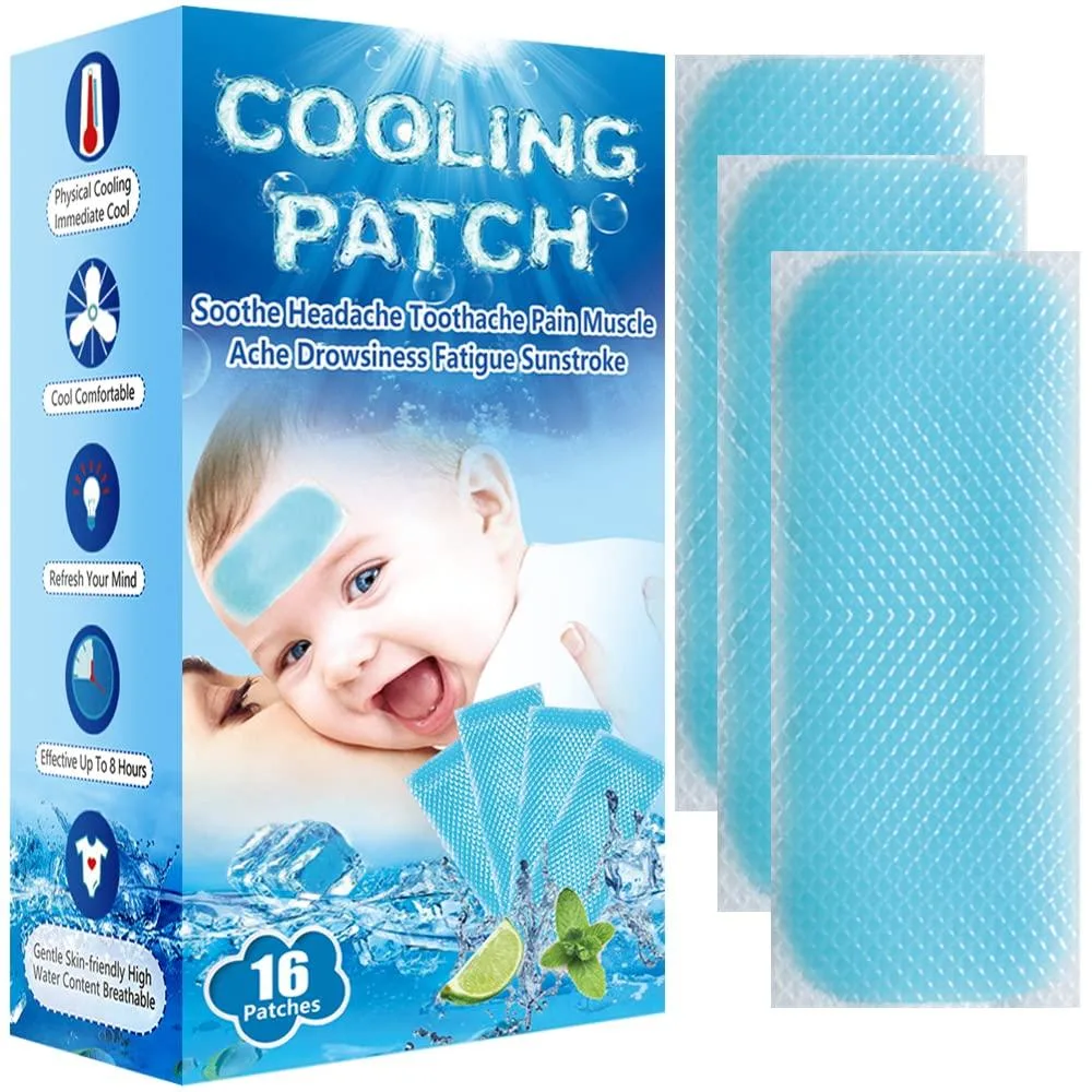 Sixteen blue gel cooling patches on backing sheets