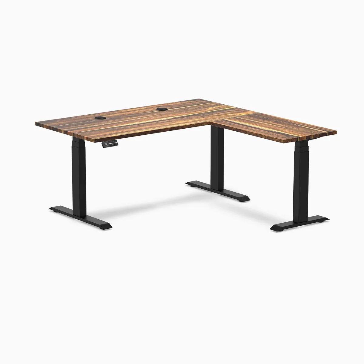 Desky Desky Hardwood L-Shape Sit Stand Desk Pheasantwood Matte Black 60 x 30 x 62 x 20 in with Grommets — product photo